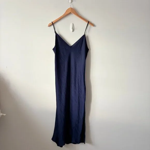 Aritzia Wilfred Only Satin Midi Slip Dress Navy Blue Size Medium - Picture 5 of 7